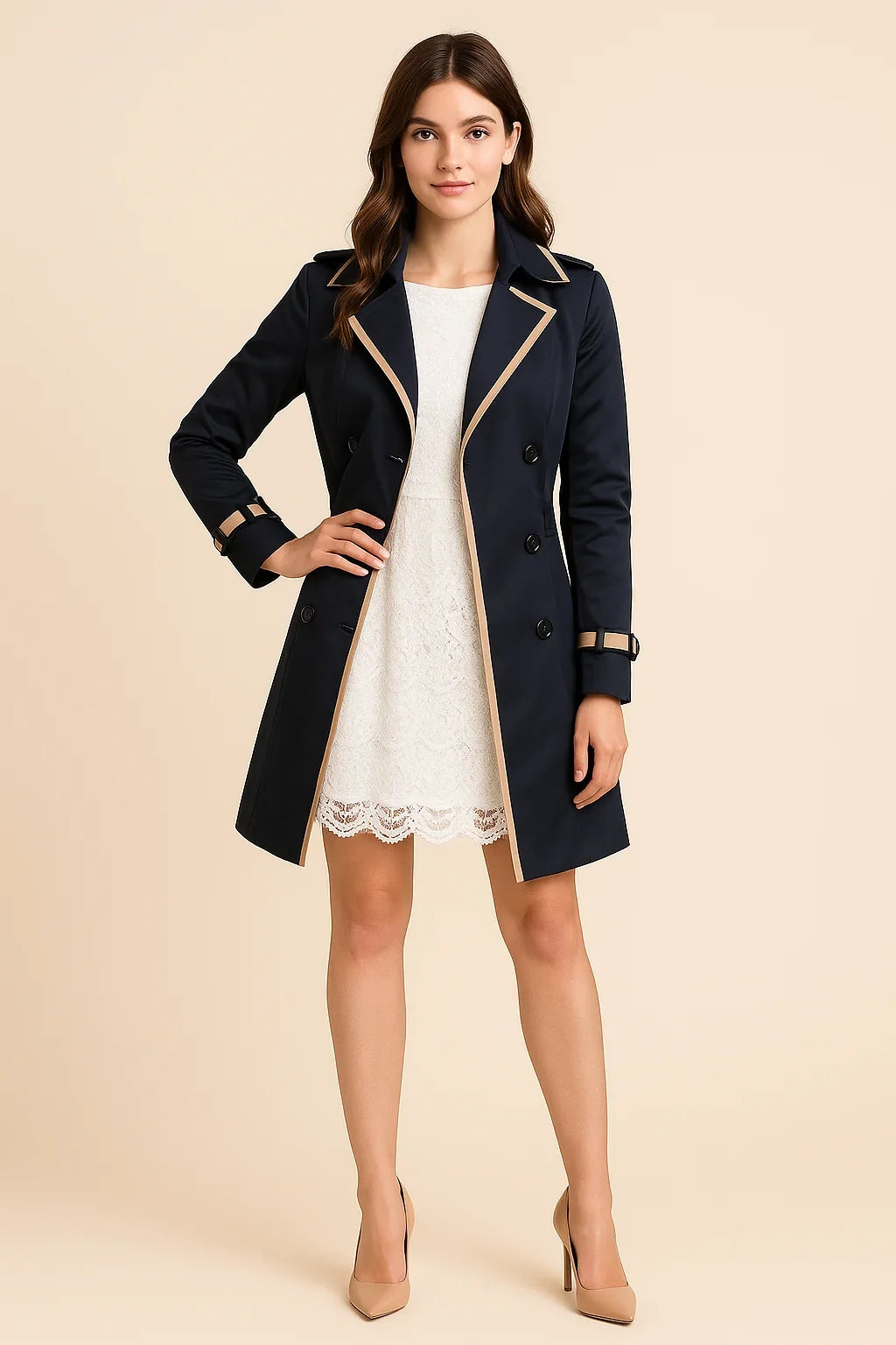 Women's double-breasted trench coat, navy with trim, notched lapels, button front, belted hem