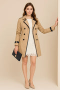 Women's double-breasted trench coat, khaki, notched lapels, button front, long sleeves