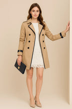 Women's double-breasted trench coat, khaki, notched lapels, button front, long sleeves