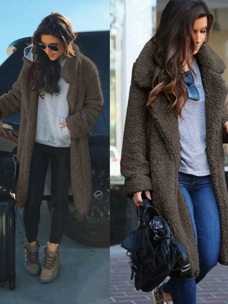 Long teddy coat in olive green fuzzy fabric, open front with soft wide collar.