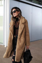 Women’s long apricot teddy coat, fuzzy teddy fleece, open front, long sleeves