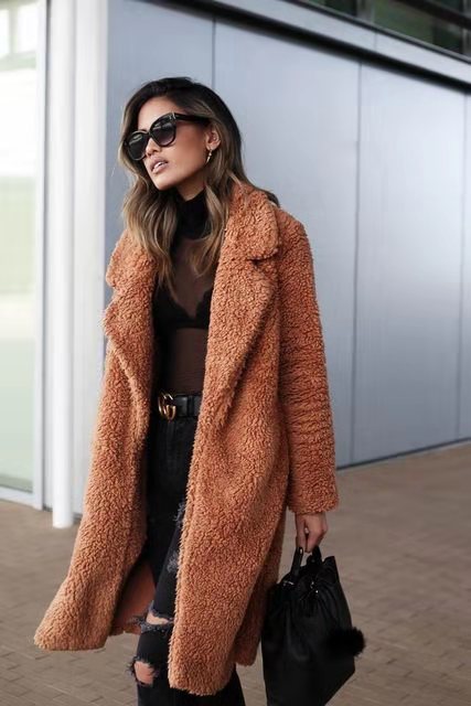 Women’s long apricot teddy coat, fuzzy texture, open front, long sleeves, lapels