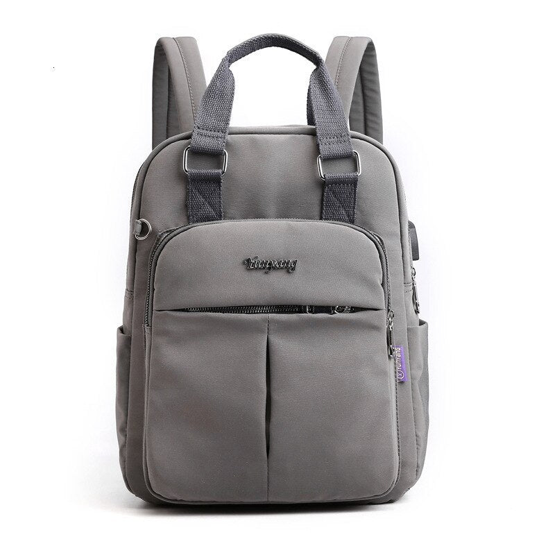 Dark gray water-resistant backpack with top handles, front zip pocket, two front compartments