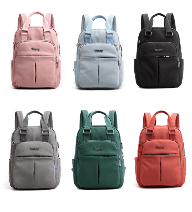 Mini backpack set in pink, blue, black, dark gray, green, and orange colors