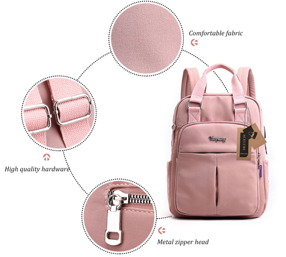 Pink backpack with metal zipper pull tabs and front seam pockets
