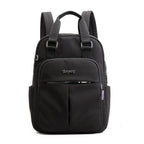 Black backpack with adjustable shoulder straps and front zip pocket panel