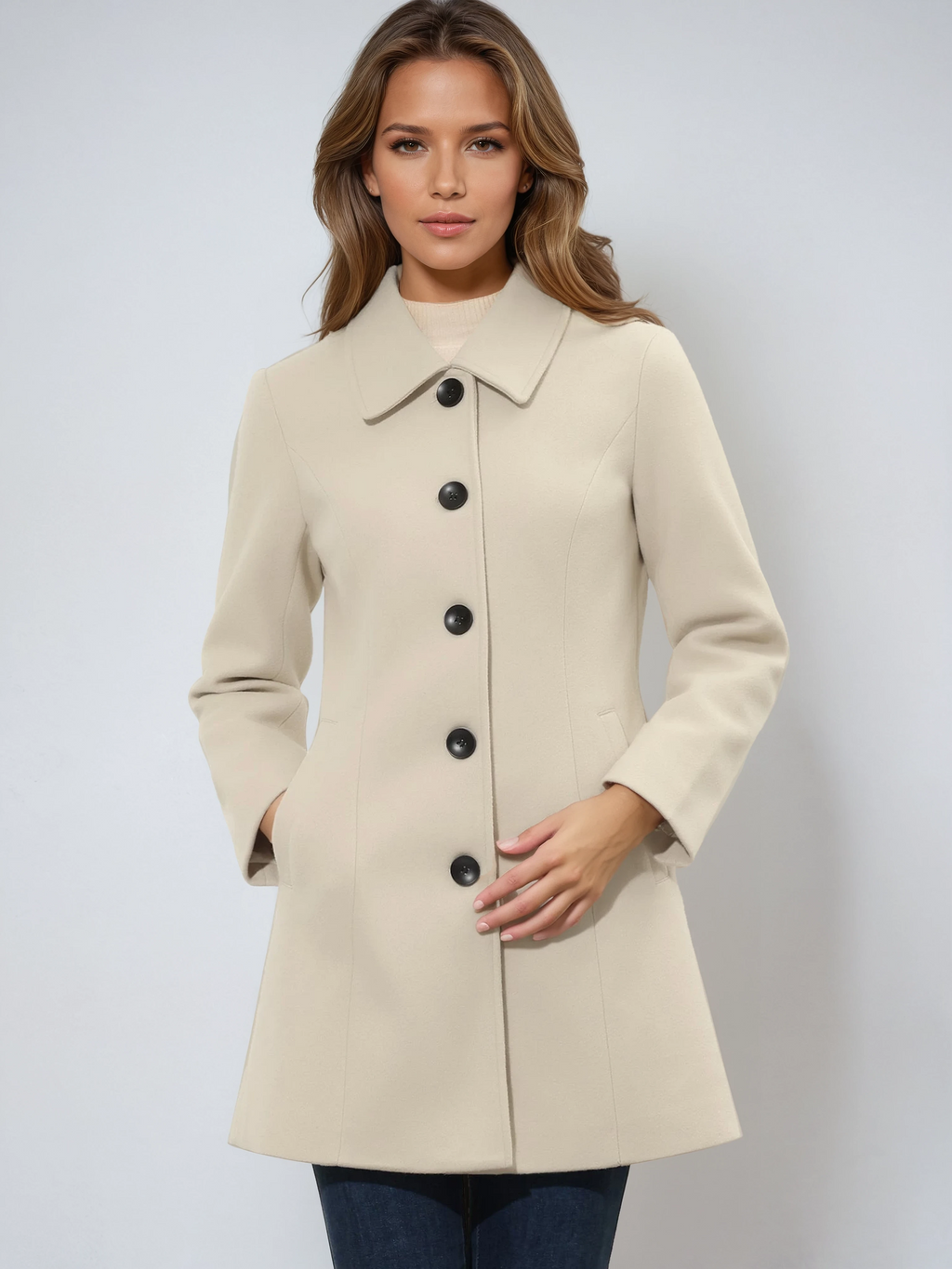 Cream single-breasted winter trench coat with notched lapels and dark button placket