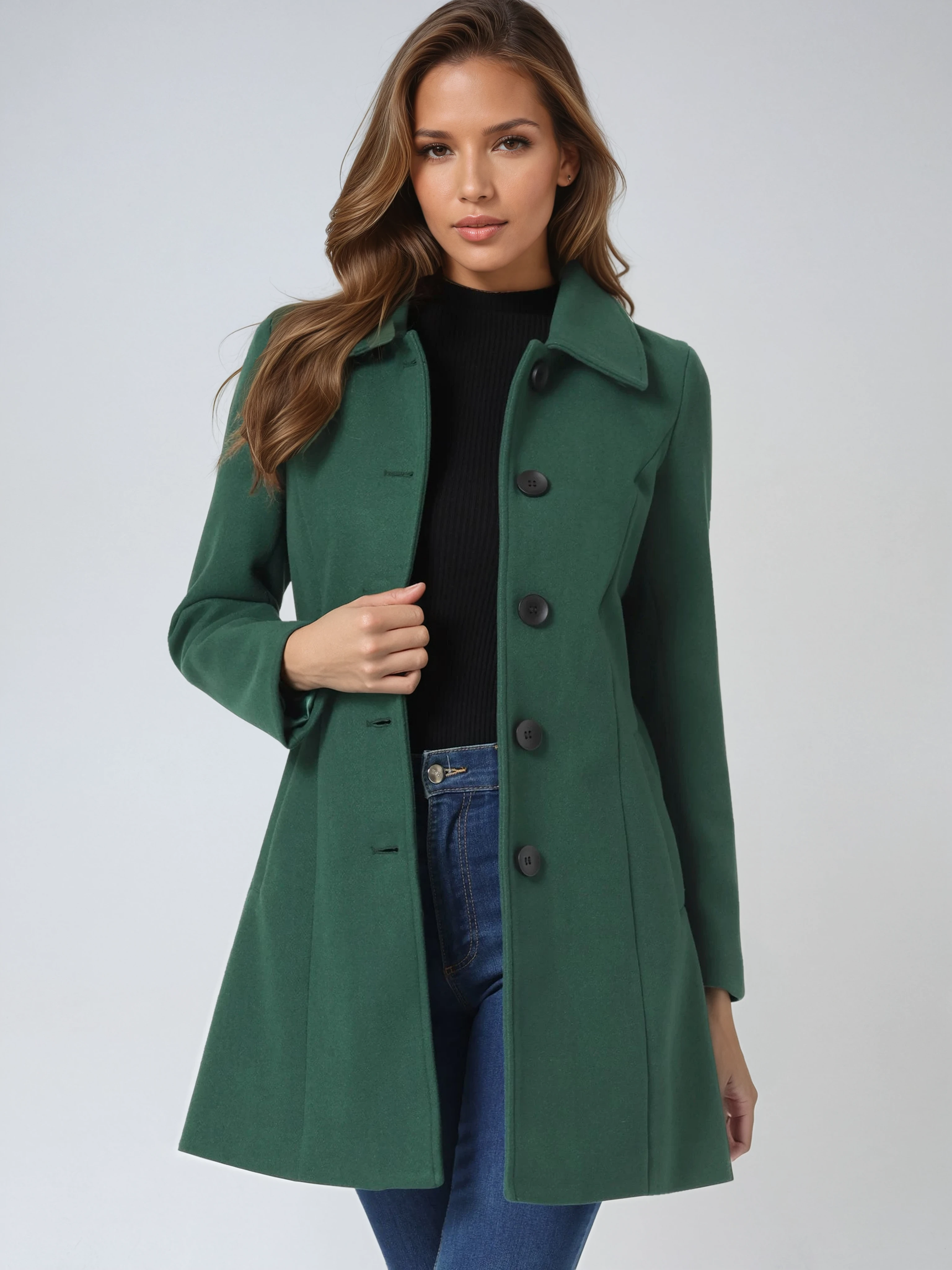 Green single-breasted winter trench coat with notched lapels and dark button front