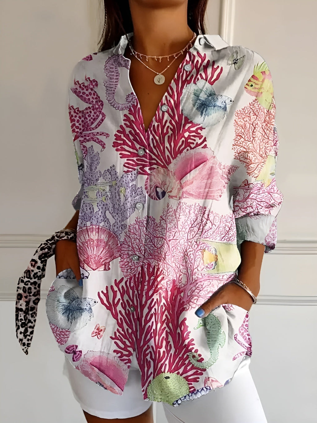 Abstract print split-neck button blouse with long sleeves, white with pink and purple coral