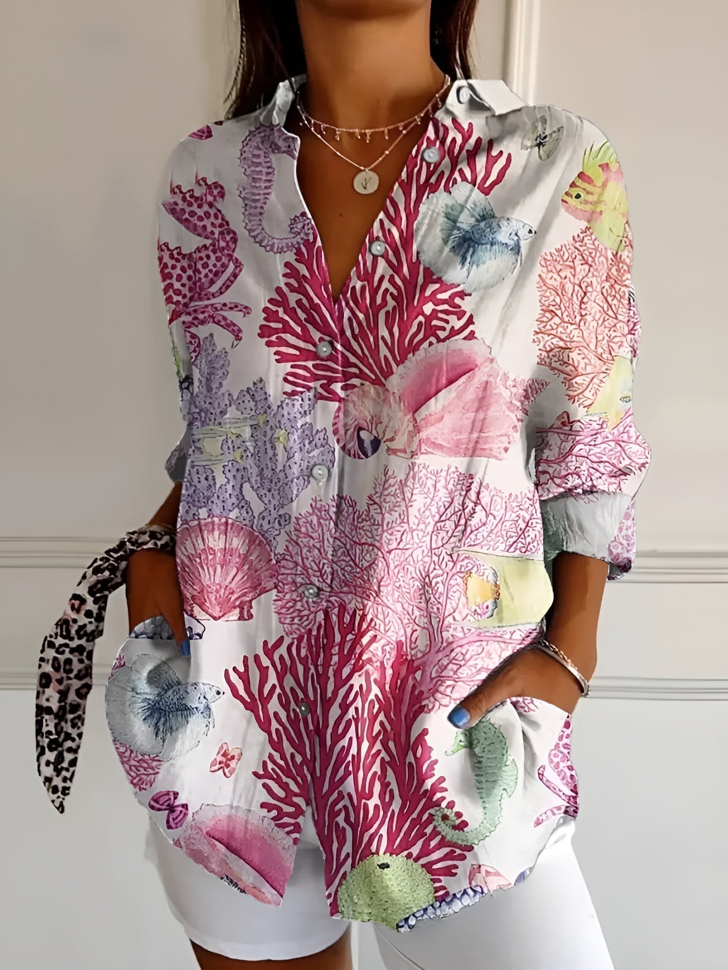 Abstract print split-neck button blouse with long sleeves, white with pink and purple coral