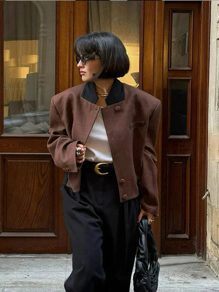 Women’s Brown Cropped Lapel Blazer - Single-Breasted Short Jacket with Pockets