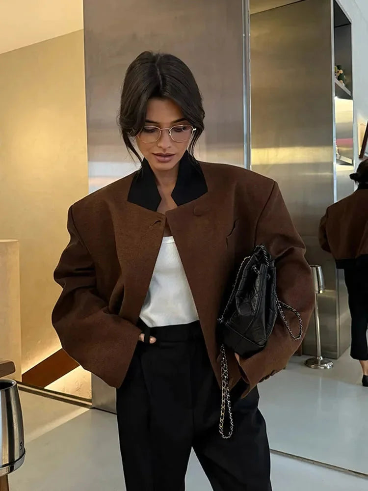 Women’s Brown Cropped Lapel Blazer - Single-Breasted Short Jacket with Pockets