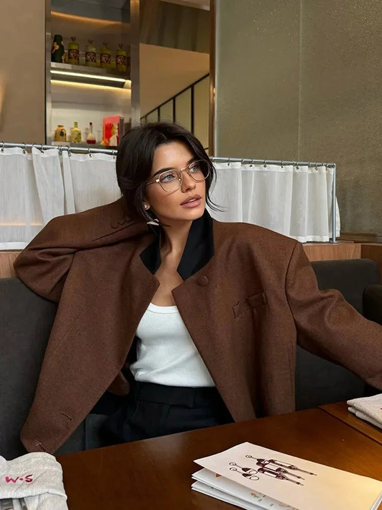Women’s Brown Cropped Lapel Blazer - Single-Breasted Short Jacket with Pockets