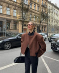 Women’s Brown Cropped Lapel Blazer - Single-Breasted Short Jacket with Pockets