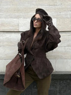 Women’s Faux Suede Blazer - Structured Tailored Suit Jacket