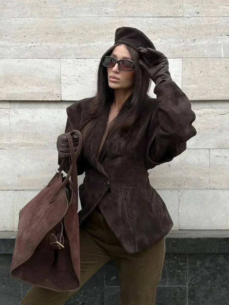 Women’s Faux Suede Blazer - Structured Tailored Suit Jacket