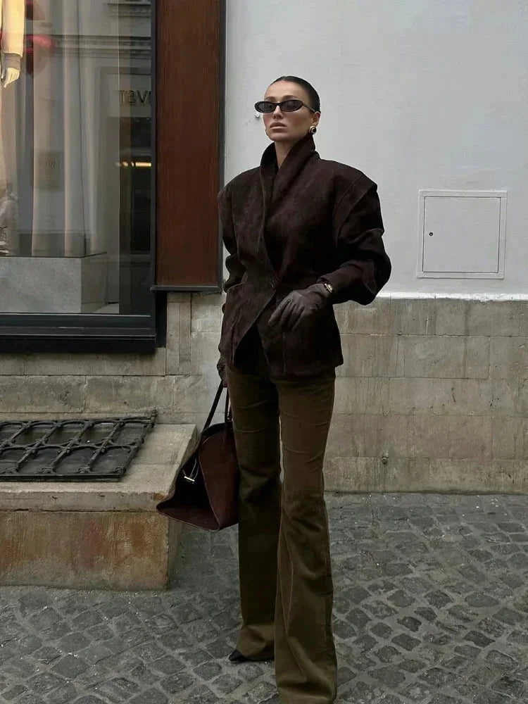 Women’s Faux Suede Blazer - Structured Tailored Suit Jacket
