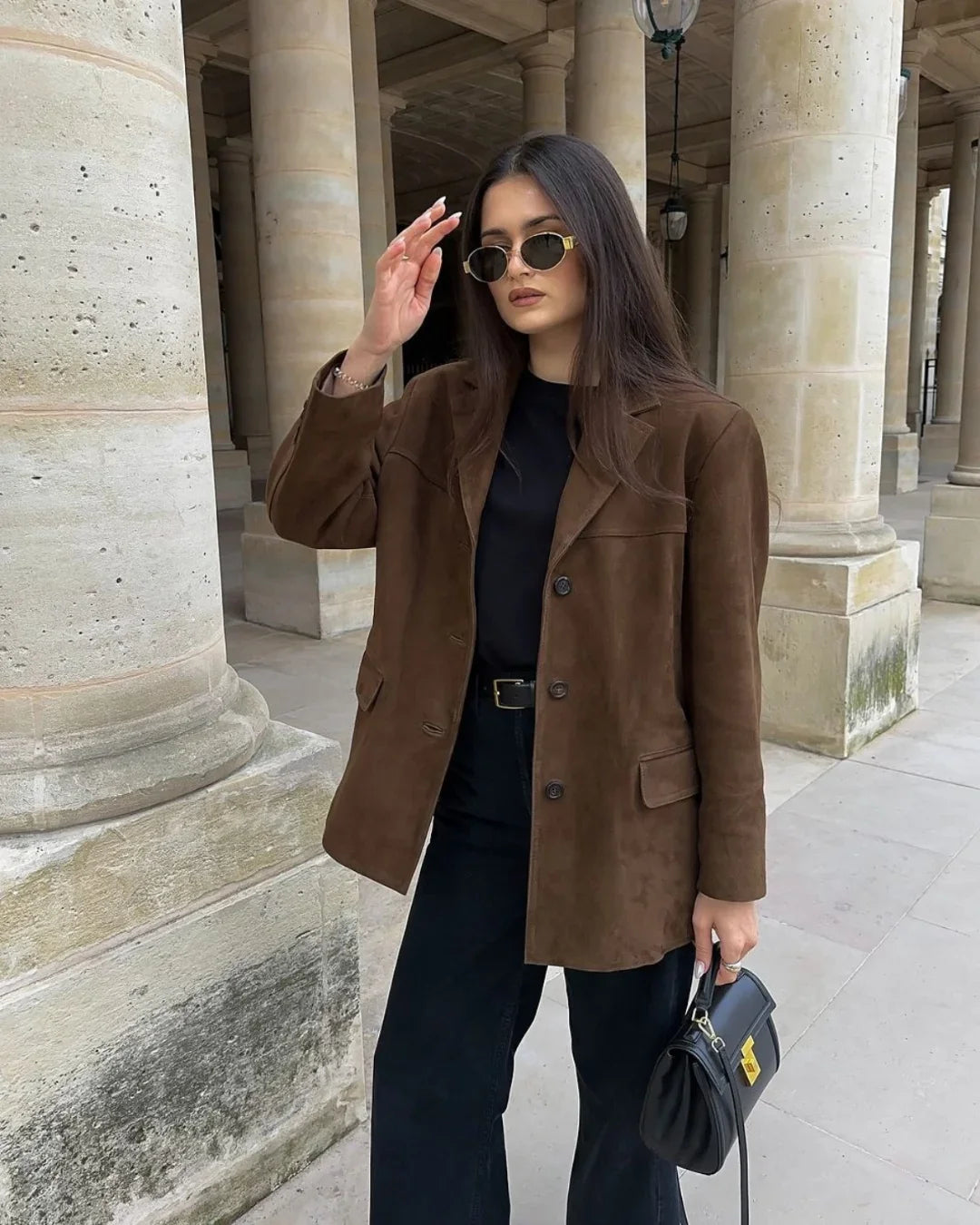 Women’s Brown Suede Blazer - Tailored Leather Suit Jacket with Pockets