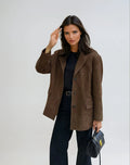 Women’s Brown Suede Blazer - Tailored Leather Suit Jacket with Pockets