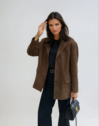 Women’s Brown Suede Blazer - Tailored Leather Suit Jacket with Pockets
