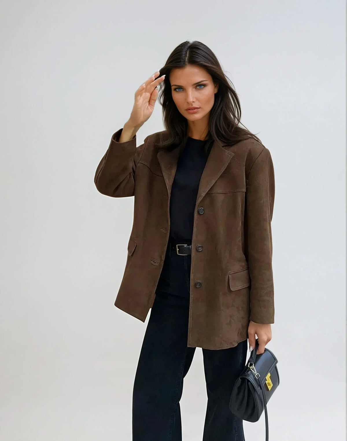 Women’s Brown Suede Blazer - Tailored Leather Suit Jacket with Pockets
