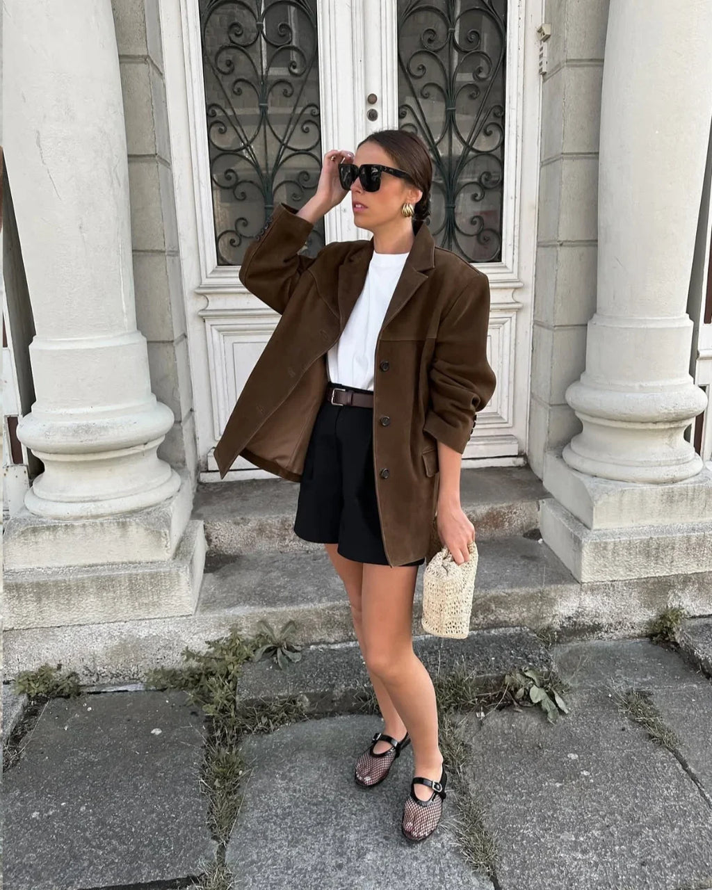 Women’s Brown Suede Blazer - Tailored Leather Suit Jacket with Pockets