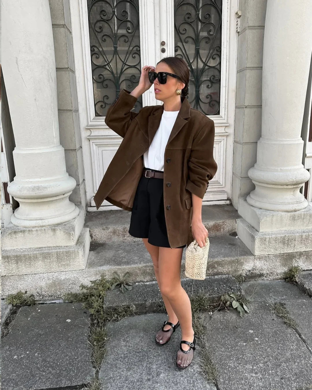 Women’s Brown Suede Blazer - Tailored Leather Suit Jacket with Pockets