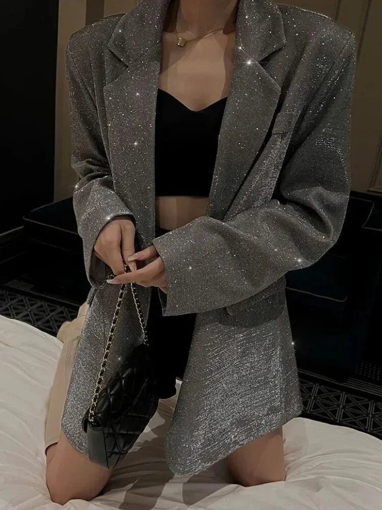 Women’s Sequined Open-Front Suit Blazer - Sparkling Evening Party Jacket