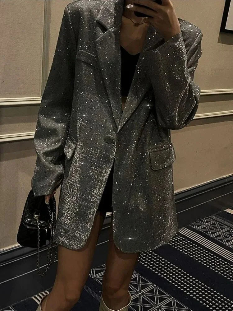 Women’s Sequined Open-Front Suit Blazer - Sparkling Evening Party Jacket