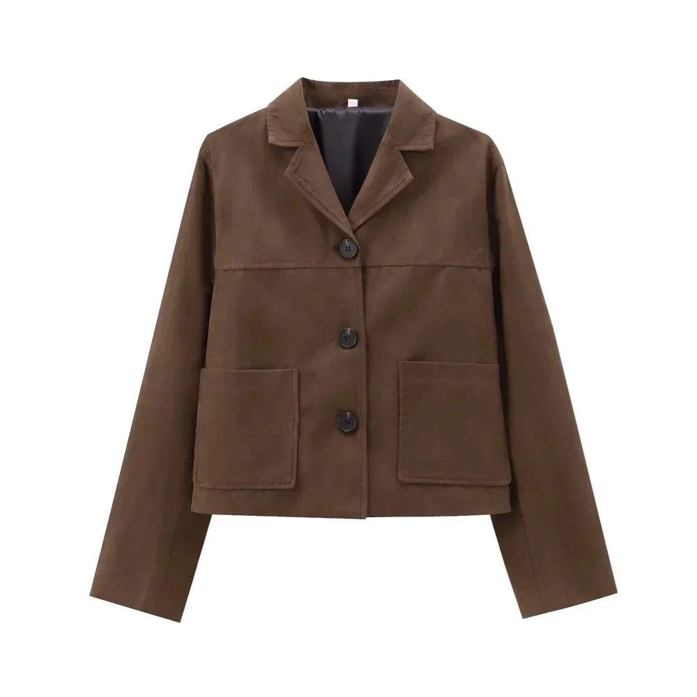 Women’s Brown Faux Suede Cropped Blazer - Button-Front Short Jacket