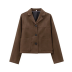 Women’s Brown Faux Suede Cropped Blazer - Button-Front Short Jacket