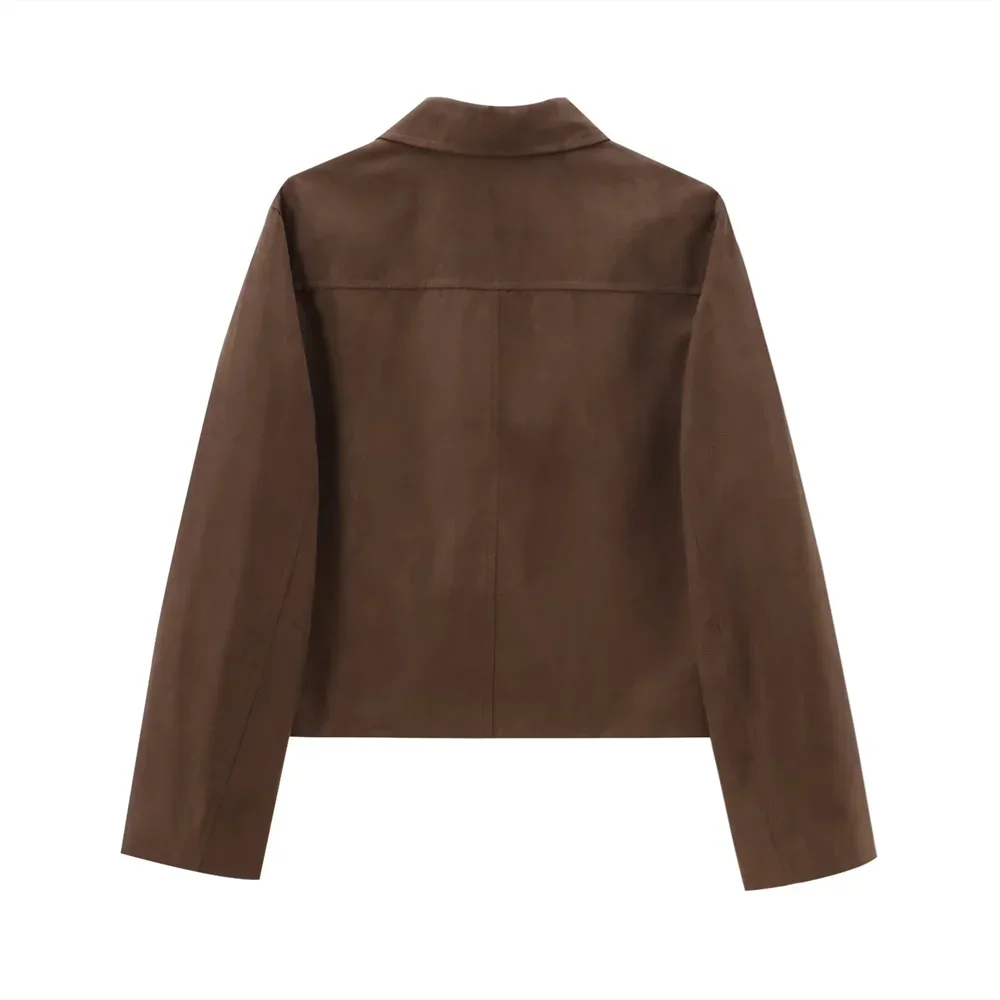 Women’s Brown Faux Suede Cropped Blazer - Button-Front Short Jacket