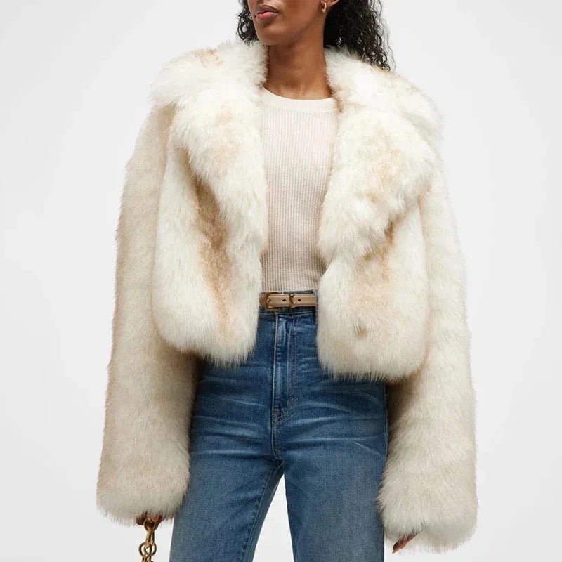 Women’s Ivory Faux Fur Blazer - Oversized Lapel Collar Winter Jacket