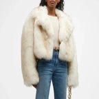 Women’s Ivory Faux Fur Blazer - Oversized Lapel Collar Winter Jacket