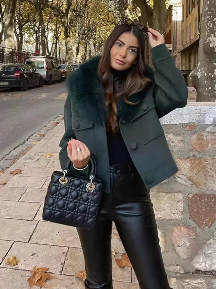 Women’s Dark Green Faux Fur Collar Blazer - Tailored Winter Suit Jacket