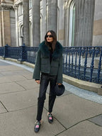Women’s Dark Green Faux Fur Collar Blazer - Tailored Winter Suit Jacket