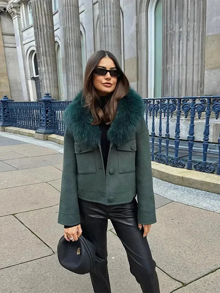 Women’s Dark Green Faux Fur Collar Blazer - Tailored Winter Suit Jacket