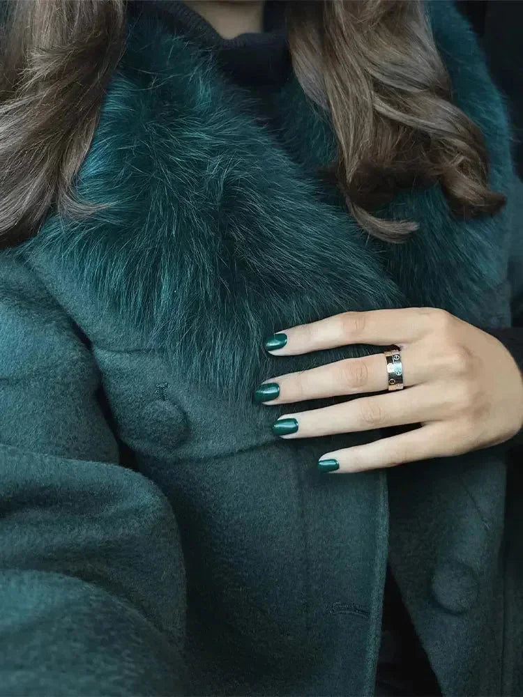 Women’s Dark Green Faux Fur Collar Blazer - Tailored Winter Suit Jacket