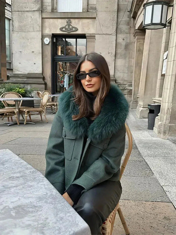 Women’s Dark Green Faux Fur Collar Blazer - Tailored Winter Suit Jacket