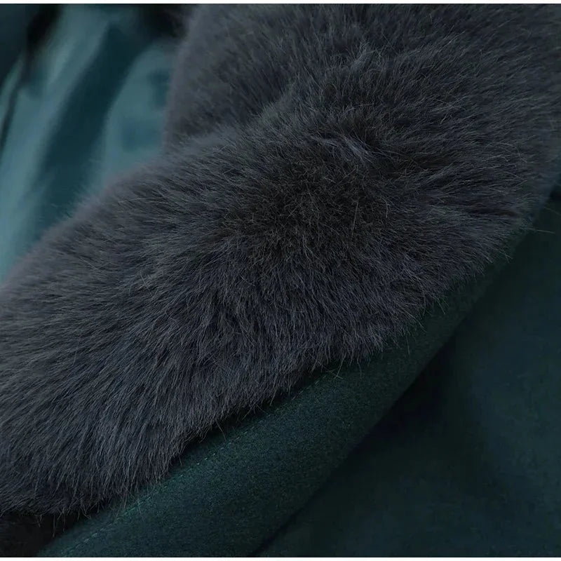 Women’s Dark Green Faux Fur Collar Blazer - Tailored Winter Suit Jacket