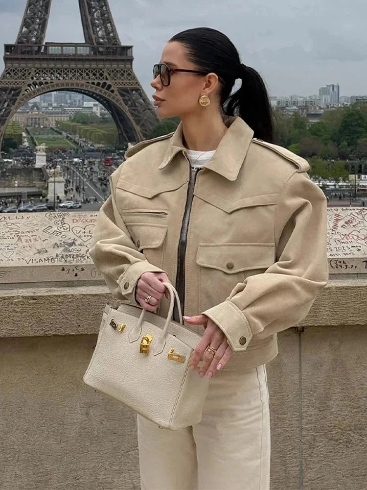 Beige trench coat blazer with lapel collar, flap pockets, button cuffs