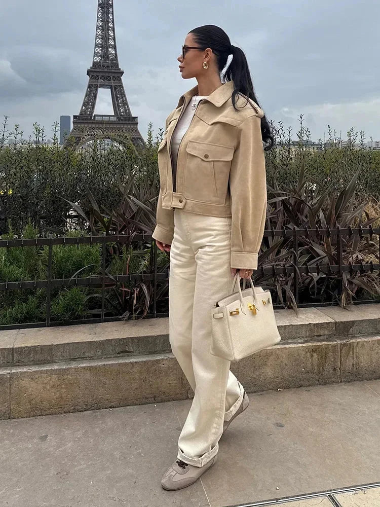 Light brown trench coat blazer with lapel collar, flap pockets and button placket