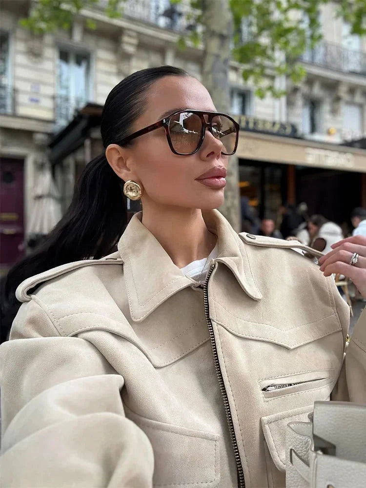 Beige trench coat blazer with lapel collar and front zip, flap chest pocket