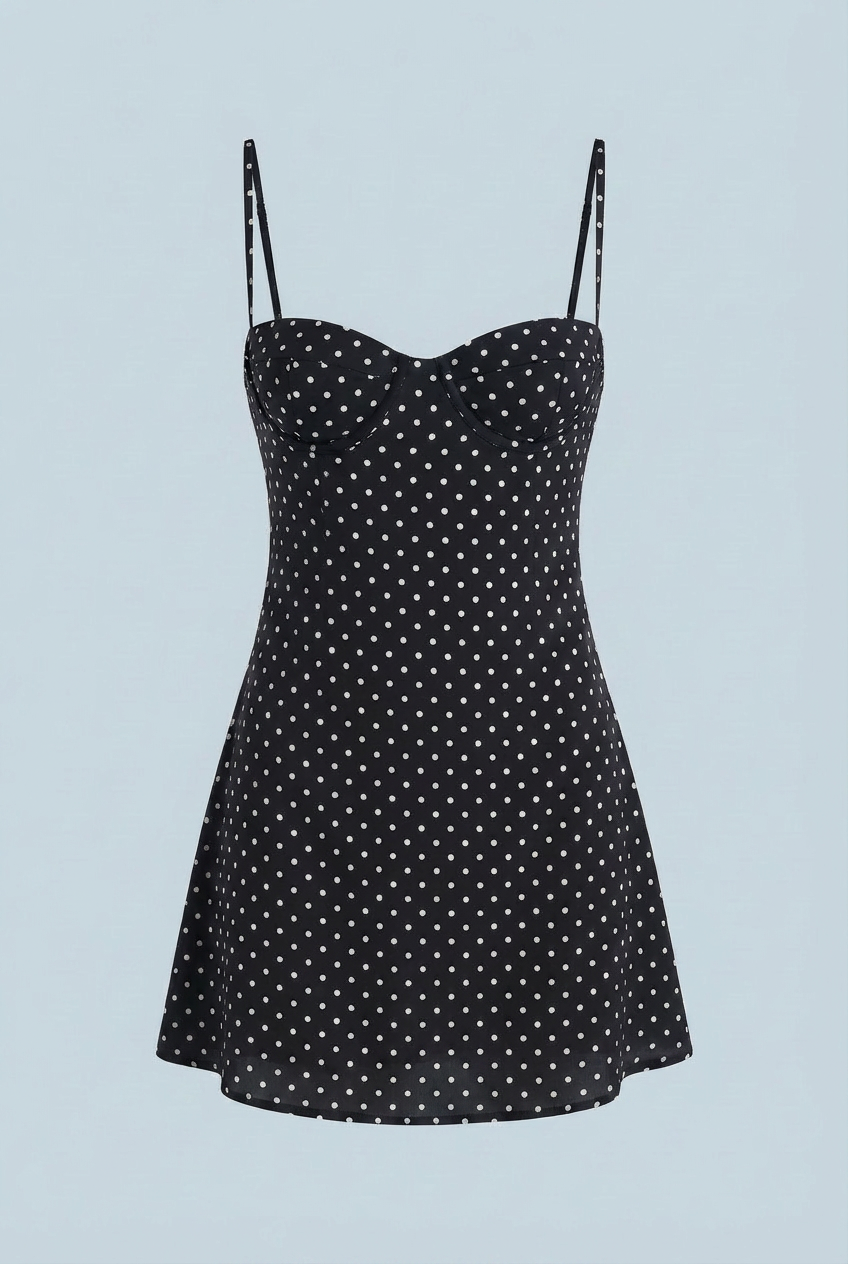 Black polka dot mini dress with structured bust and thin spaghetti straps