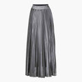 Grey pleated maxi skirt with elastic waistband, vertical pleats and flowing hem