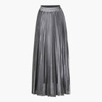 Grey pleated maxi skirt with elastic waistband, vertical pleats and flowing hem