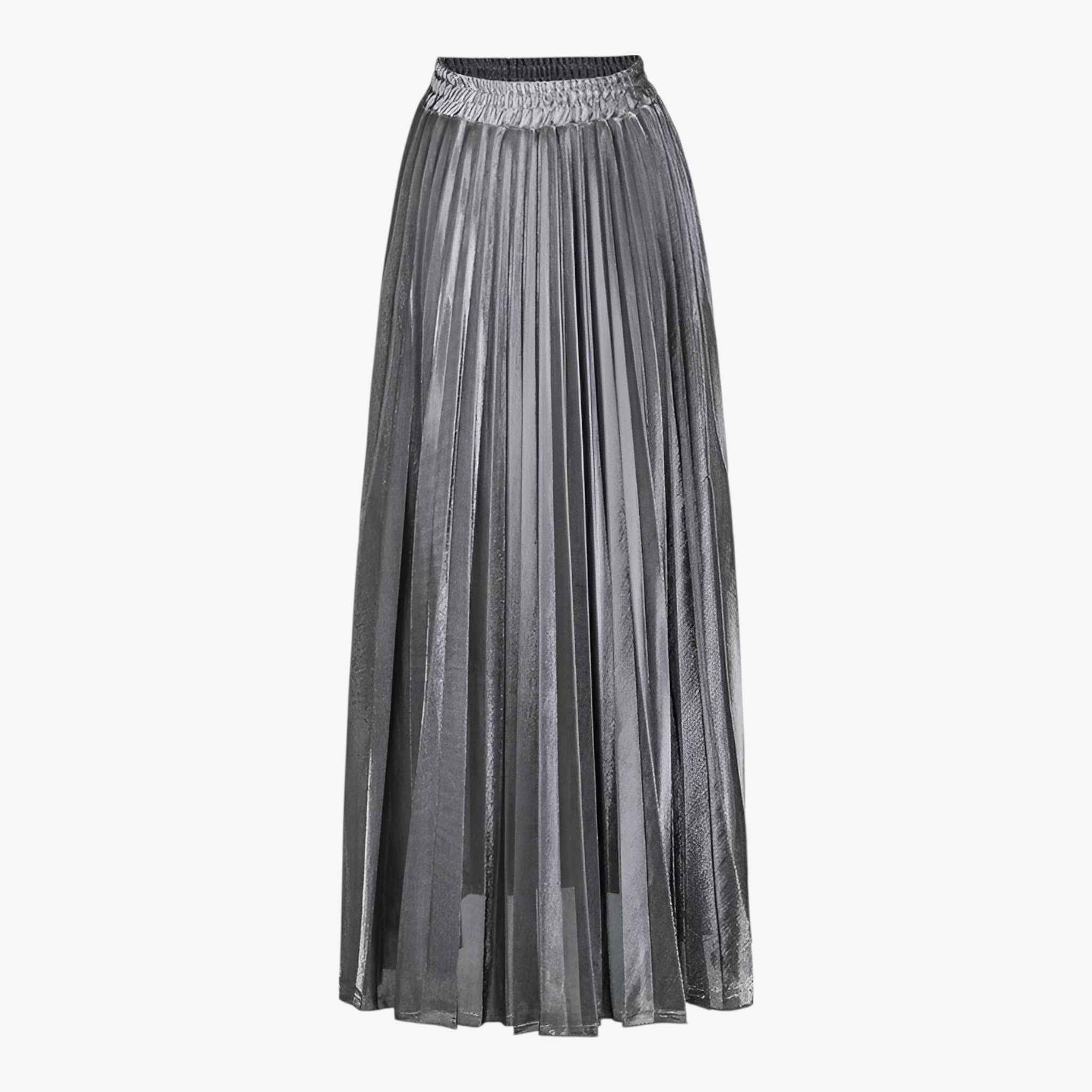 Grey pleated maxi skirt with elastic waistband, vertical pleats and flowing hem