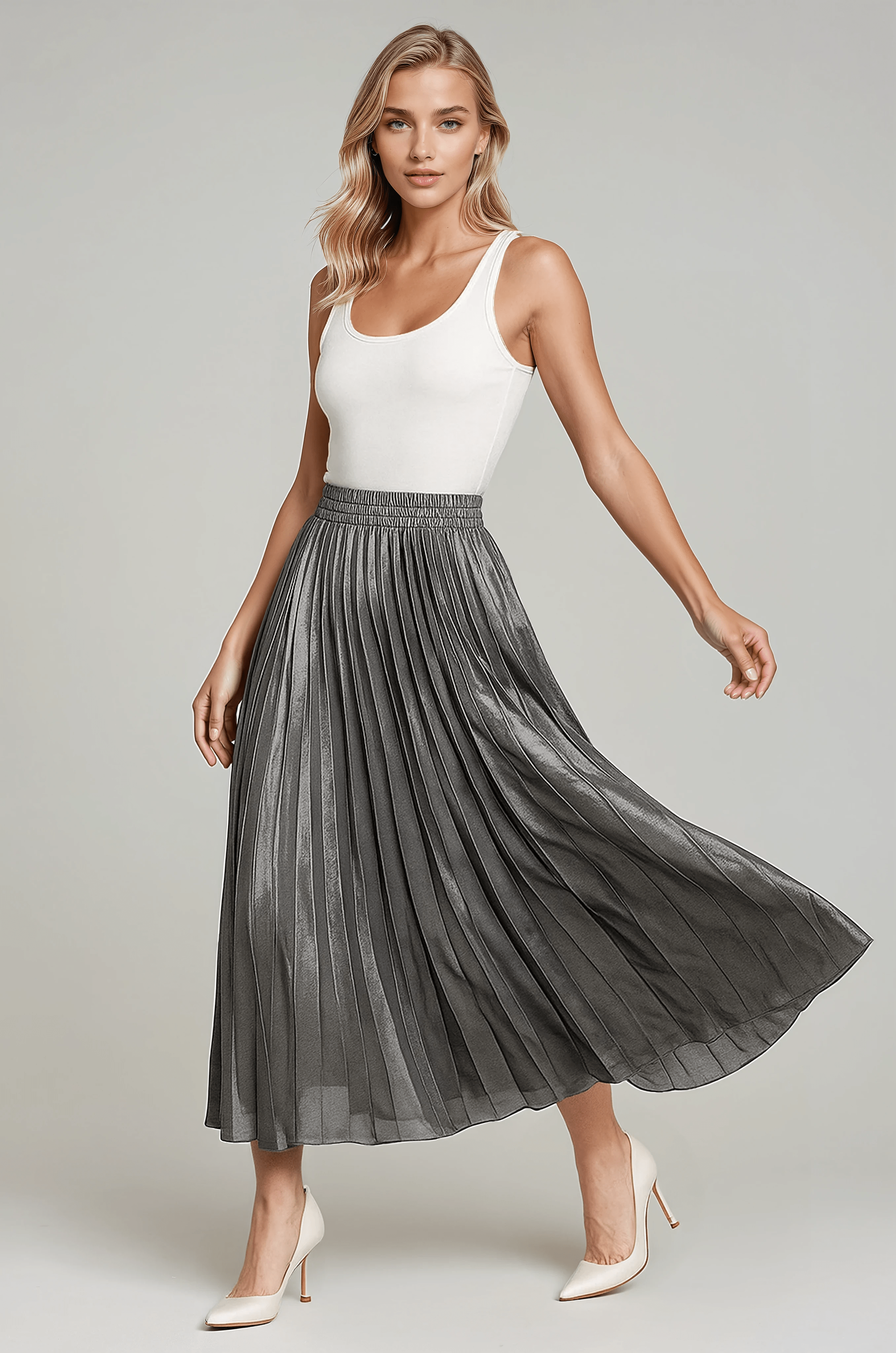 Grey pleated maxi skirt with elastic waistband, full-length flowy A-line silhouette