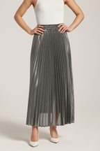 Grey pleated maxi skirt with elastic waistband, smooth drape and vertical pleats
