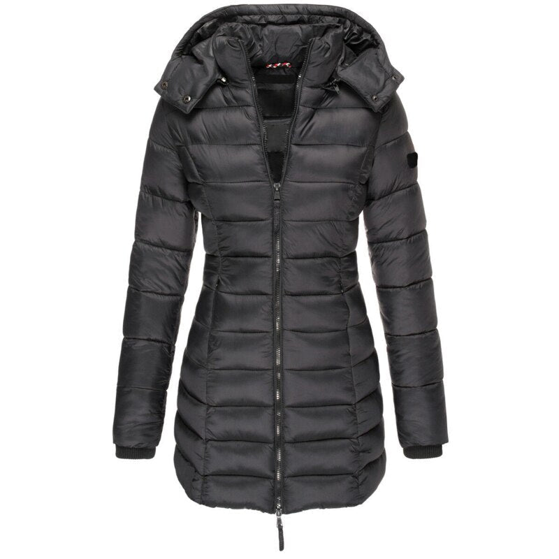 Women’s hooded puffer down jacket in black with full-zip front and long sleeves.